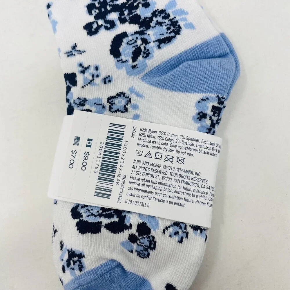 Janie and Jack Toddler Girls Size 2T-3T Floral Scalloped Crew Socks Blue/White